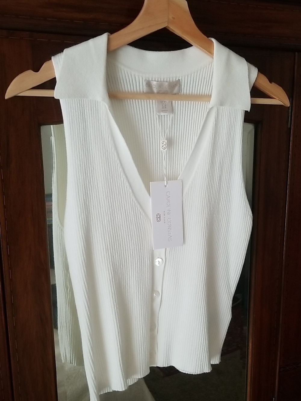 NEW! Caroline Constas White Ribbed Button-Front Sleeveless Polo Top